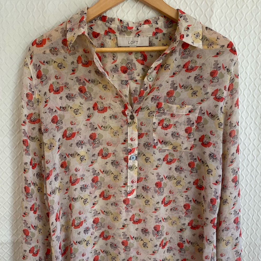 Ann Taylor LOFT Sheer Floral Button-Down Tunic in Cream/Red/Yellow Floral Print.